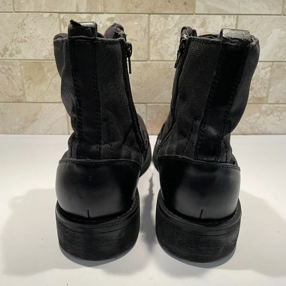 INC Black Leather Canvas Combat Boots Side Zip Cap Toe Lug Sole Tactical US 11
